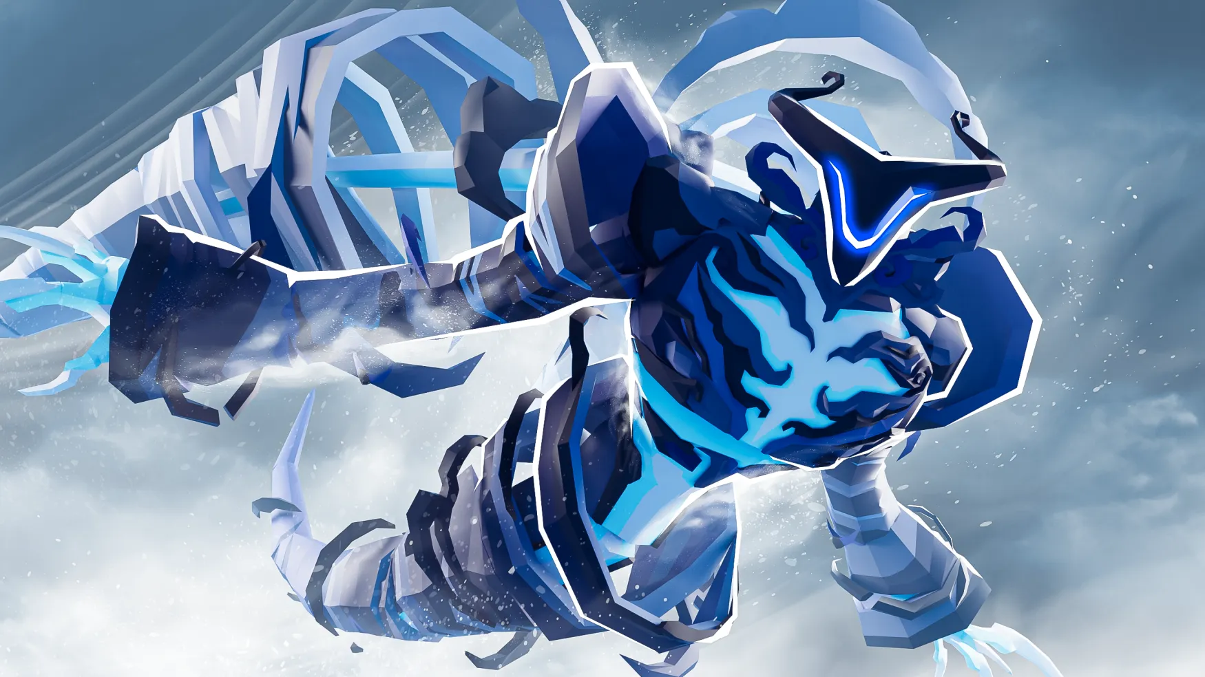 Ice-armored creature moving through a snowstorm